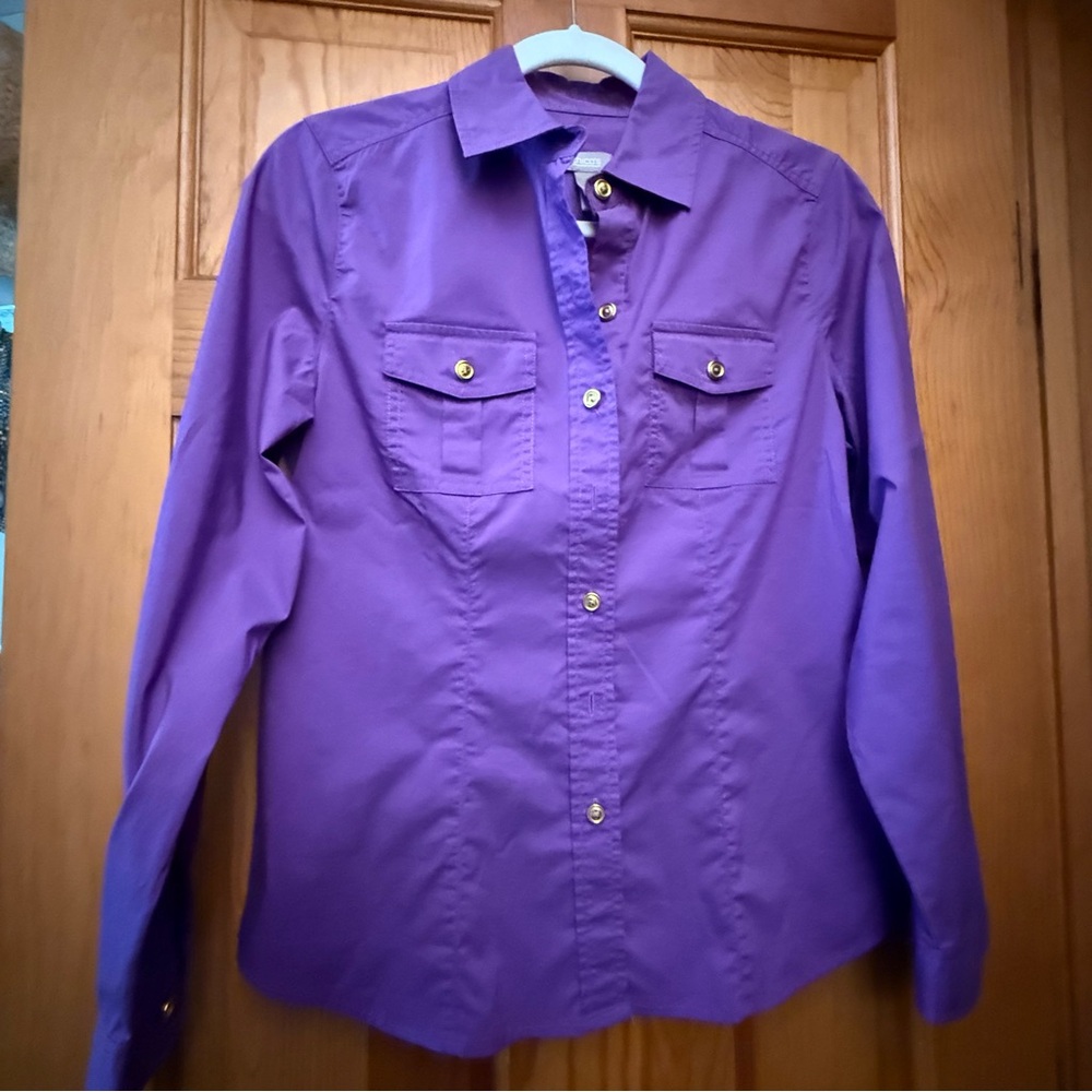 Chico’s Button-Front Utility Shirt – Size 0 (S/4–6) – Purple – Roll Tab Sleeves - Picture 7 of 7